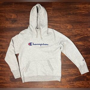Champion Gray Hoodie - Blue Logo Sweatshirt